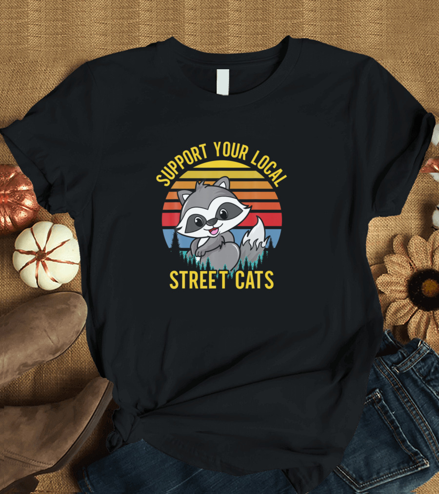 Support Your Local Street Cats Cute Raccoon Retro Sunset T-Shirt