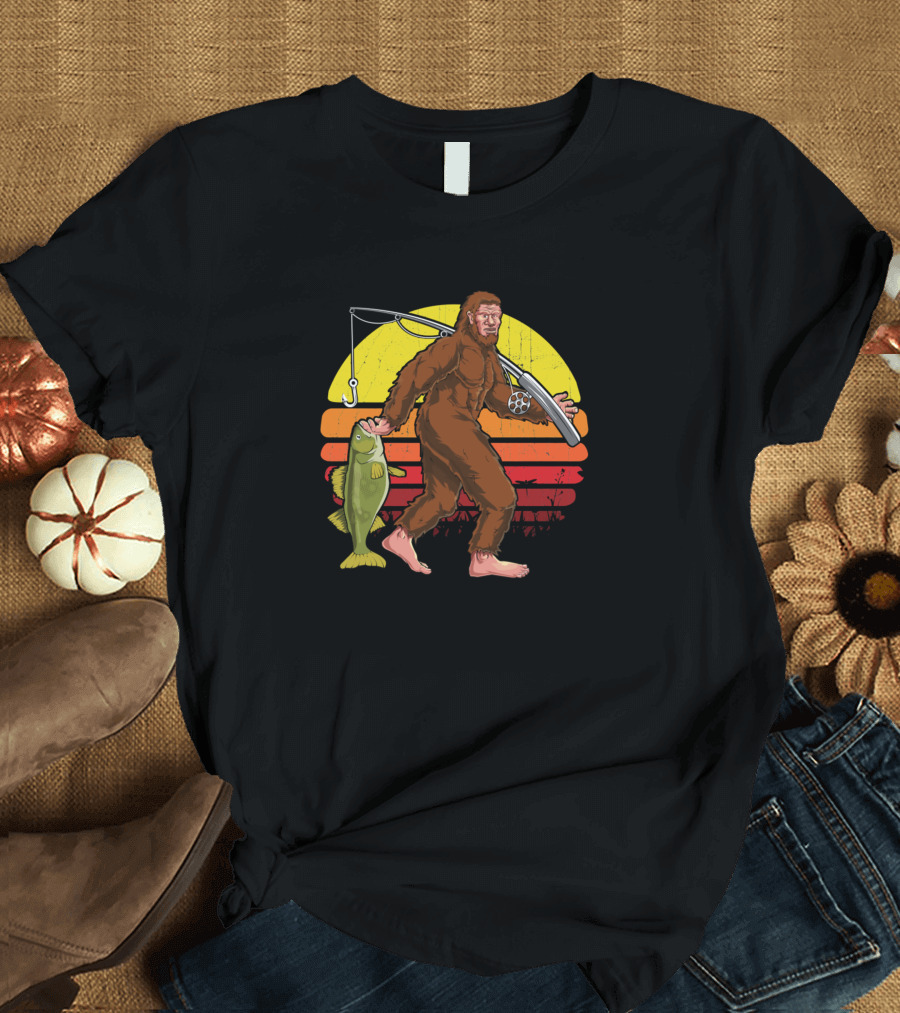 Sasquatch Carrying Walleye Fish Retro Sunset T-Shirt