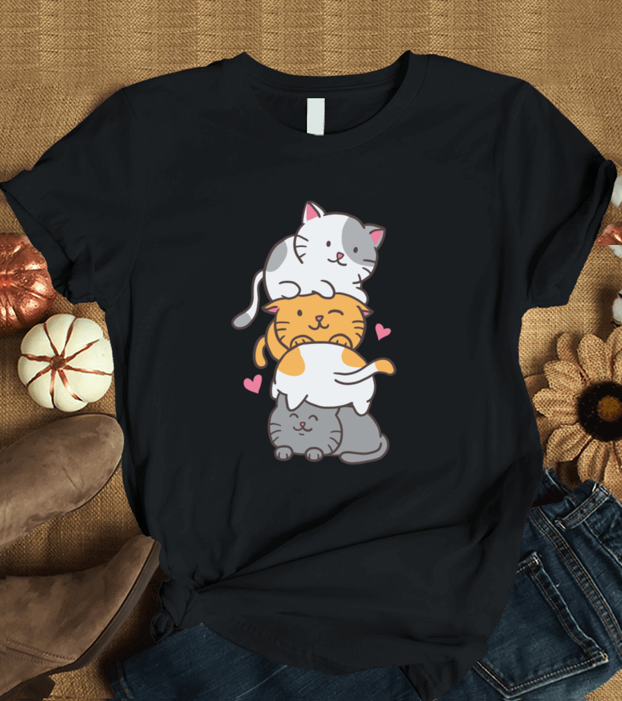 Cute Cat Cats Meowtain Kawaii Kitty Pile Anime Nek T-Shirt
