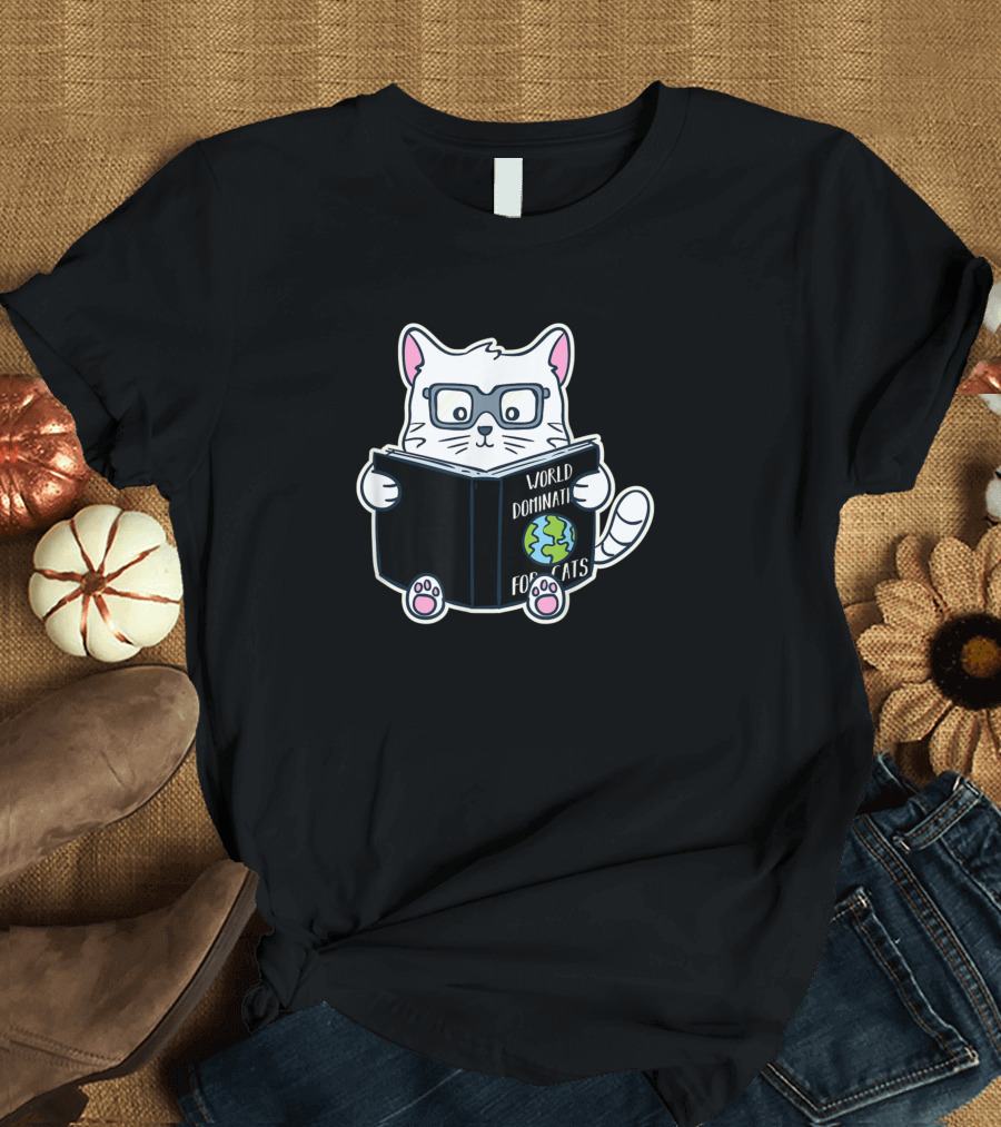 Cat World Domination for Cats Bookworm Reading T-Shirt