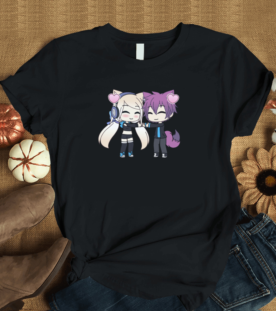 Cute Chibi Kawaii Anime Girl and Boy Couple with Heart Ears T-Shirt