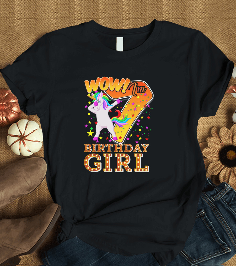 WOW I'm 7 Birthday Girl Unicorn Celebration Stars T-Shirt