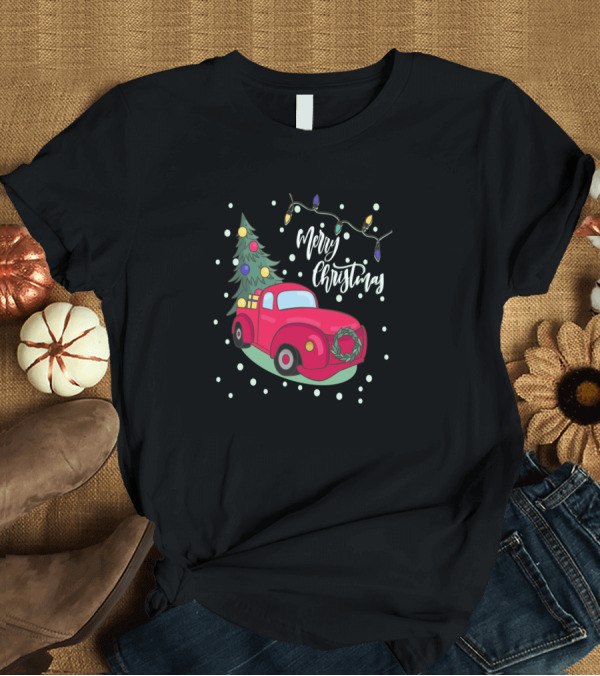 T-Shirt: Merry Christmas Red Truck with Tree and Lights T-Shirt Merry Christmas Red Truck with Tree and Lights T-Shirt