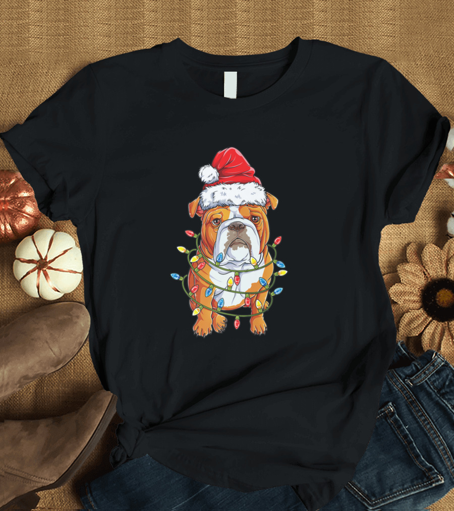 English Bulldog Wearing Santa Hat Wrapped in Christmas Tree Lights T-Shirt
