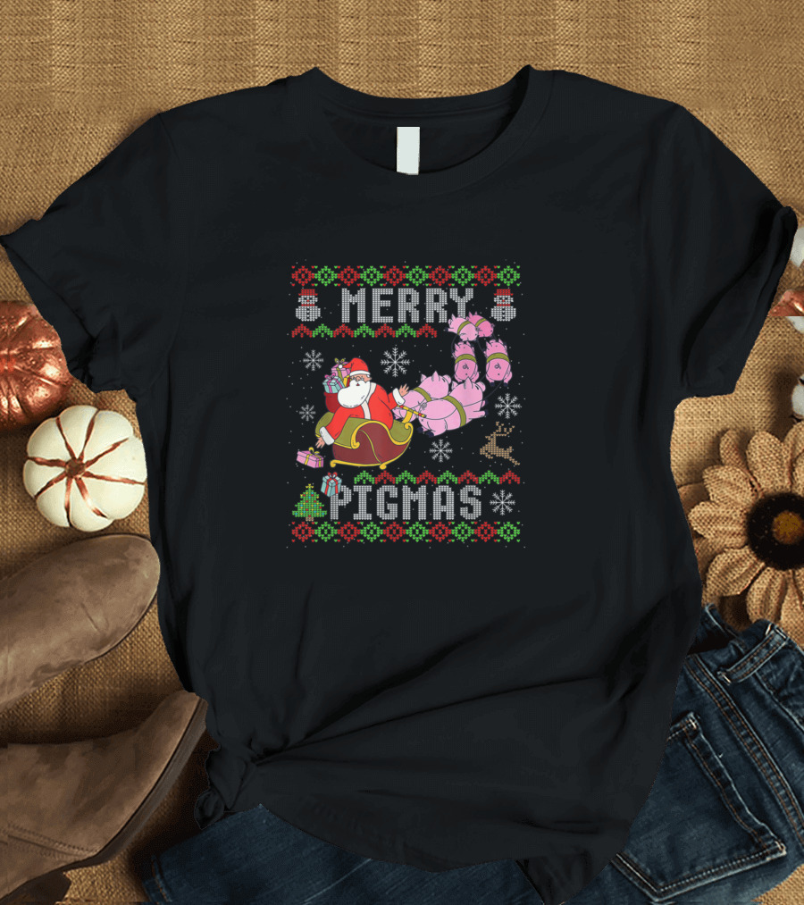 Merry Pigmas Funny Ugly Christmas Santa Sleigh Pigs T-Shirt