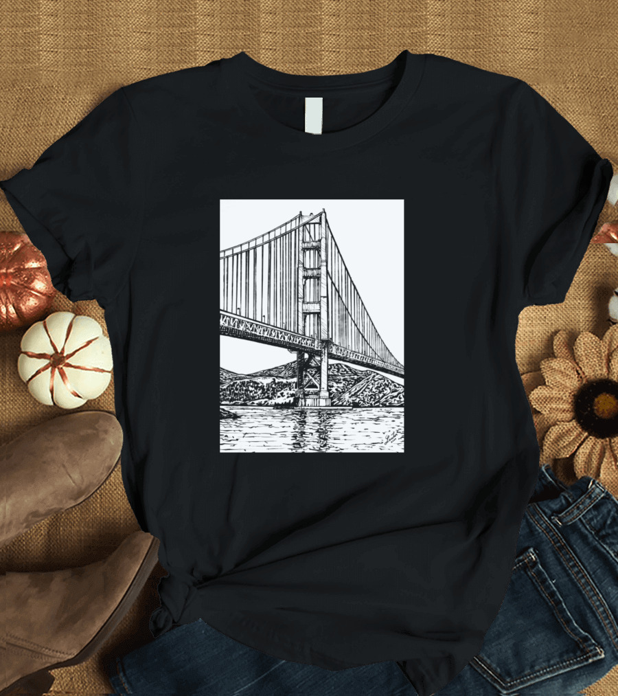 Golden Gate Bridge Ink Painting Black and White Detailed Drawing T-Shirt