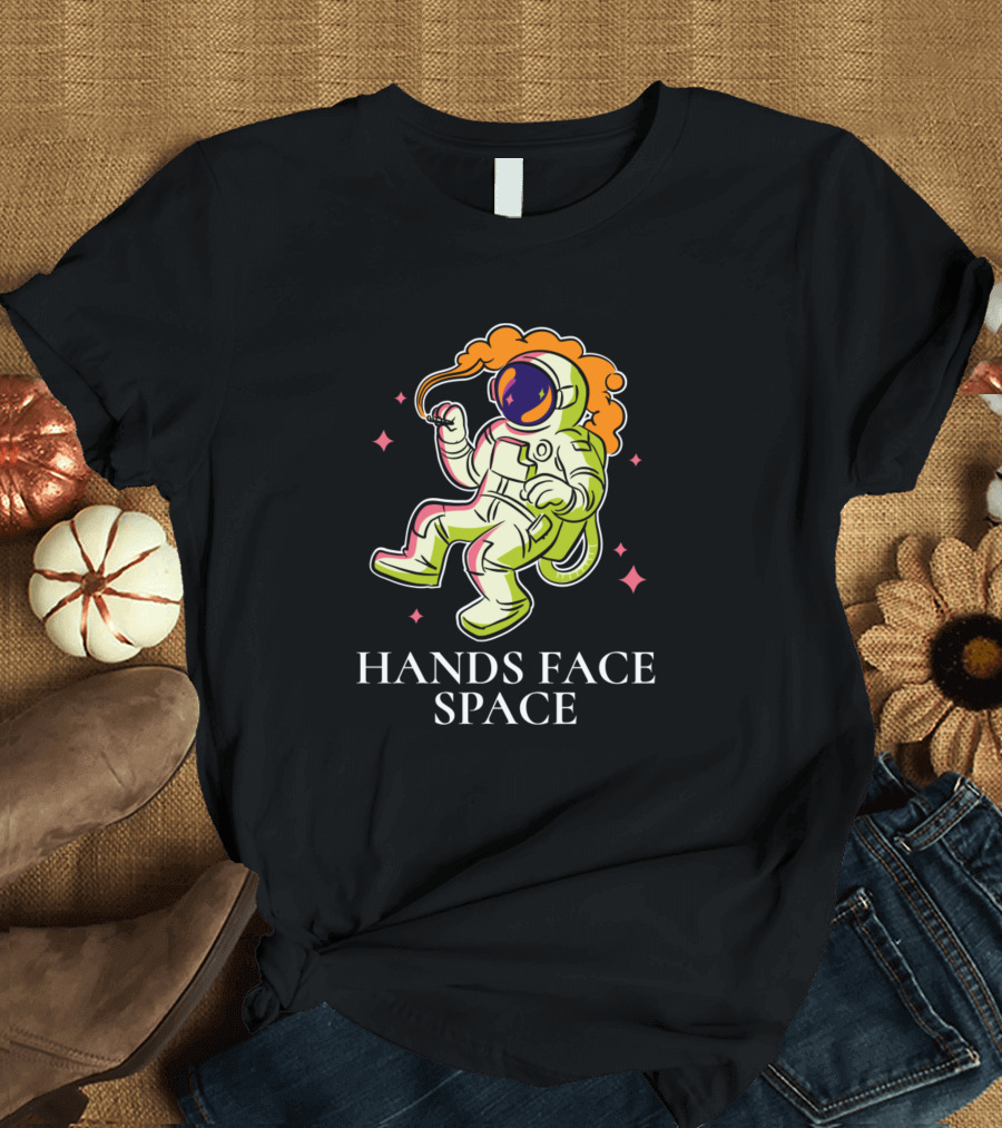 Hands Face Space Astronaut Floating with Orange Hair and Pink Stars T-Shirt