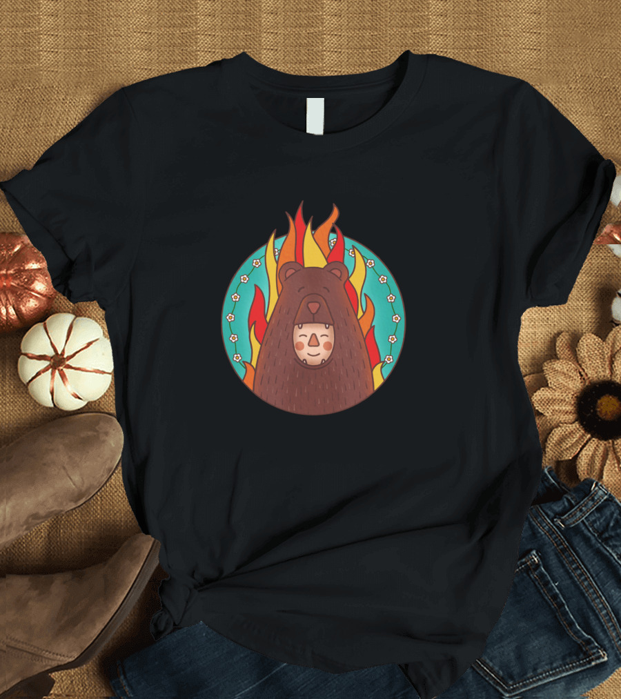 Midwinter Bear with Flames and Floral Background T-Shirt