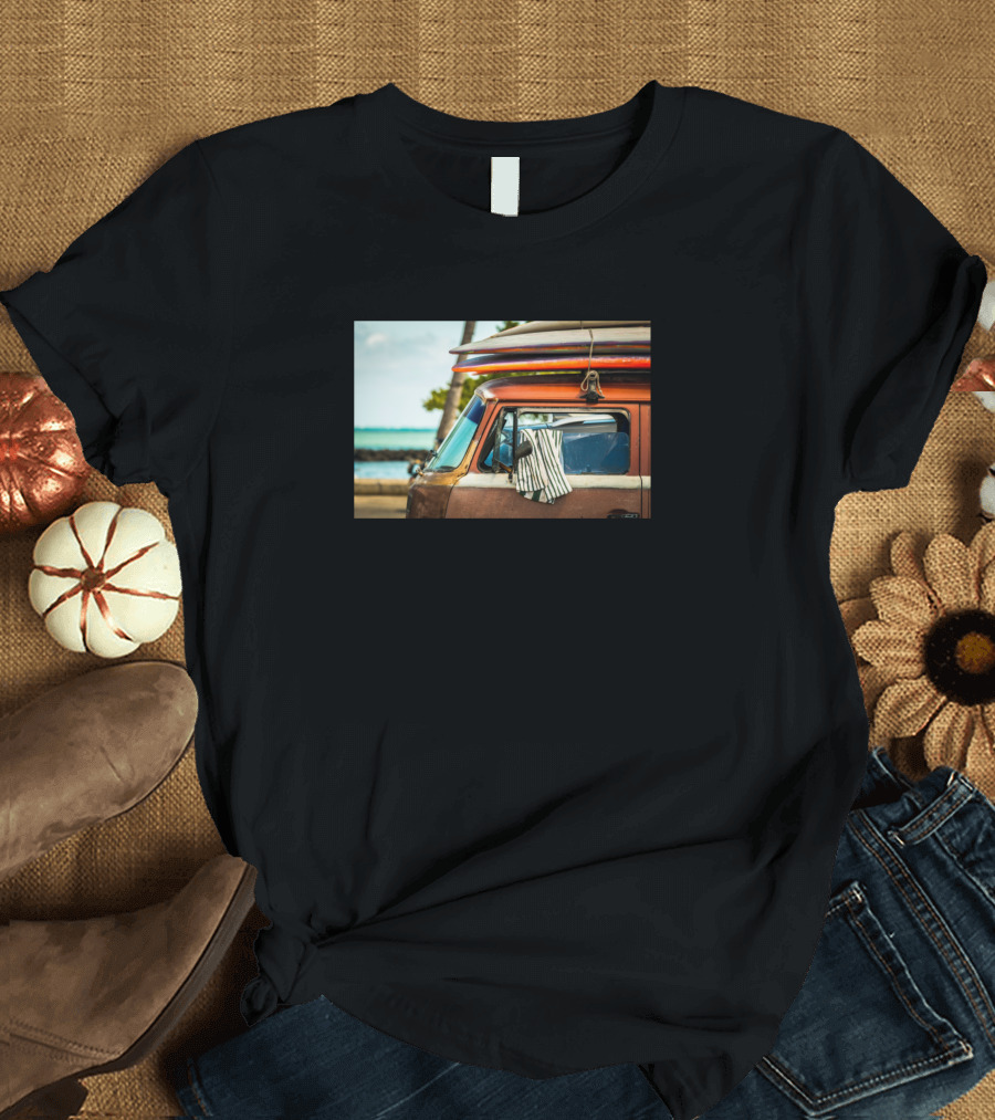 Surfer Van with Surfboards by the Ocean in Hawaii United States T-Shirt