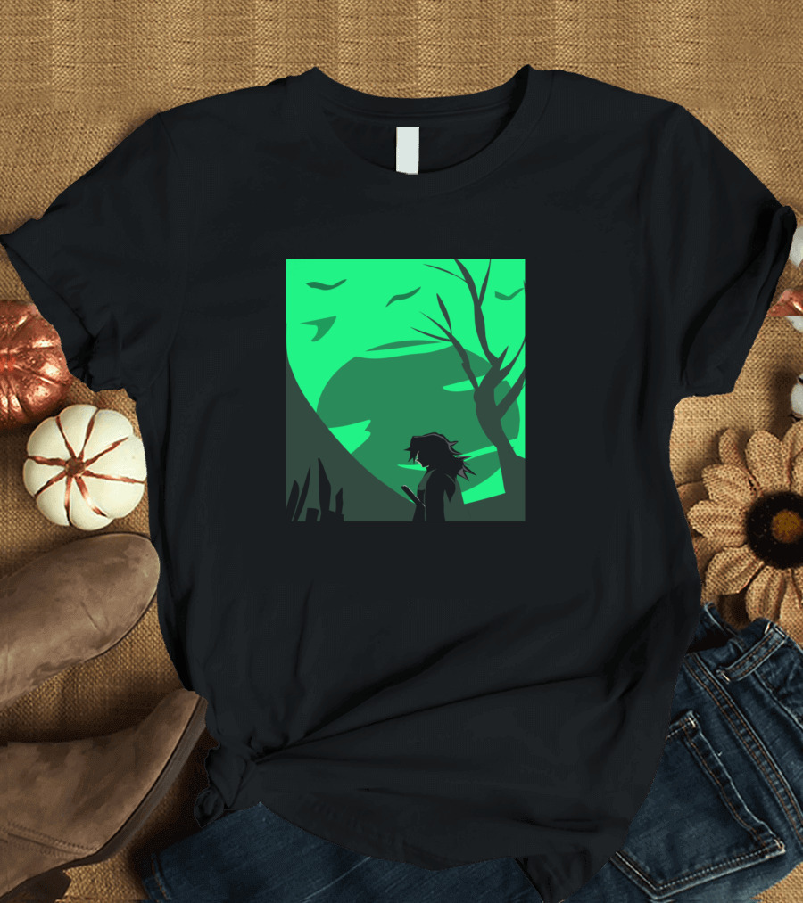 Tomioka Giyuu The Pillar Silhouette Against Green Forest Backdrop T-Shirt