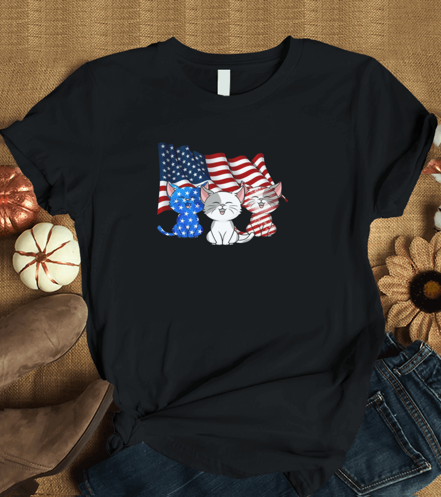 American Flag Cats Patriotic Kittens Stars Stripes T-Shirt
