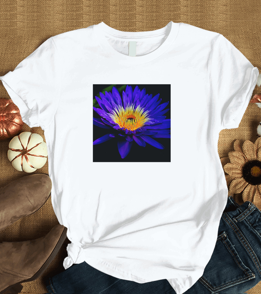 Blue Lily Vibrant Bloom Dark Background Essence T-Shirt