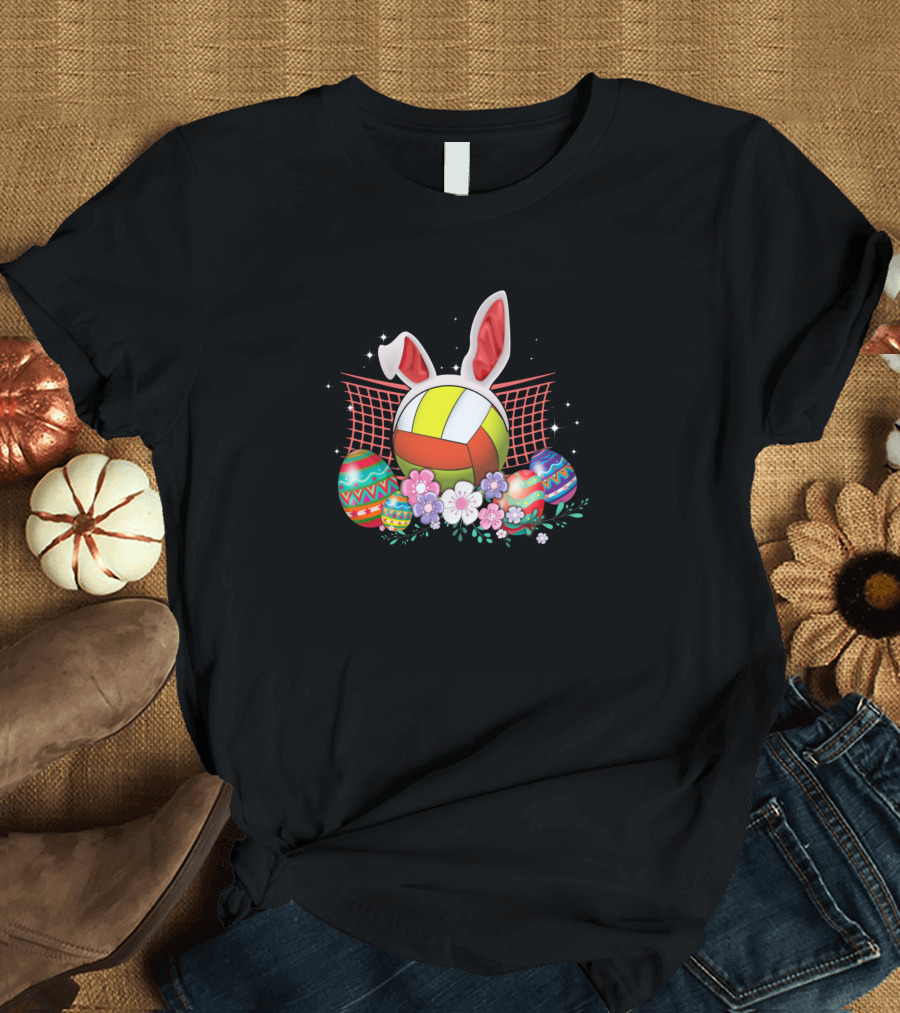 Volleyball Easter Bunny Eggs with Flowers and Net T-Shirt