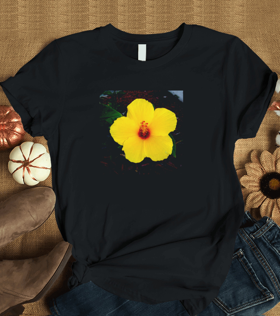 Hawaiian Yellow Hibiscus Flower with Dark Green Leaf Background T-Shirt