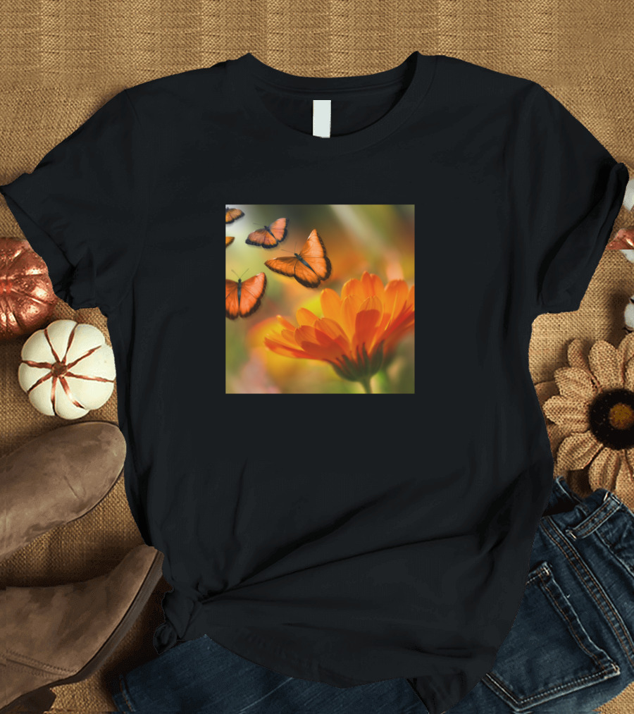Orange Flower and Butterflies Summer Scene T-Shirt
