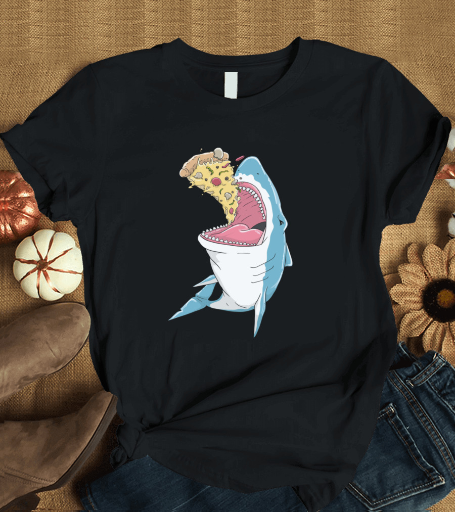 Pizza Shark Anime Kawaii Illustration Eating Pizza Slice T-Shirt
