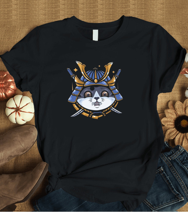 T-Shirt: Samurai Cat Warrior Helmet Two Swords T-Shirt Samurai Cat Warrior Helmet Two Swords T-Shirt
