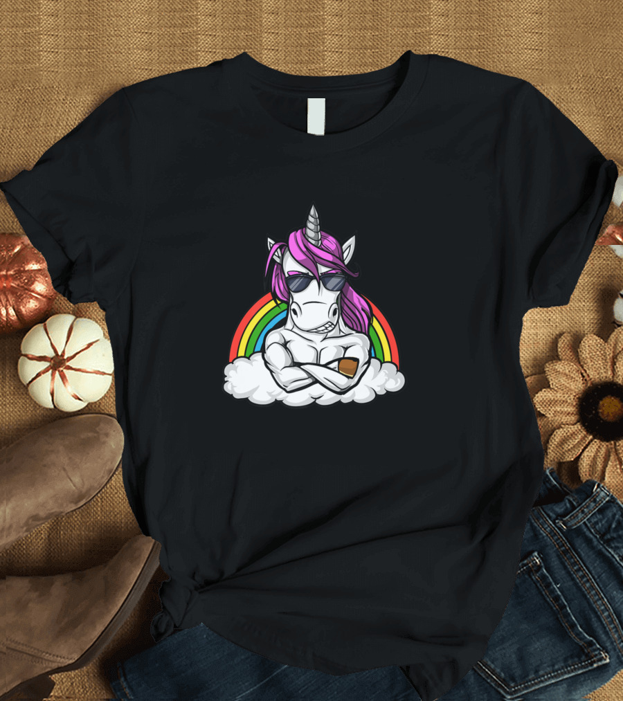 Unicorn Fitness Gym Bodybuilding Rainbow Sunglasses Muscular Cloud T-Shirt