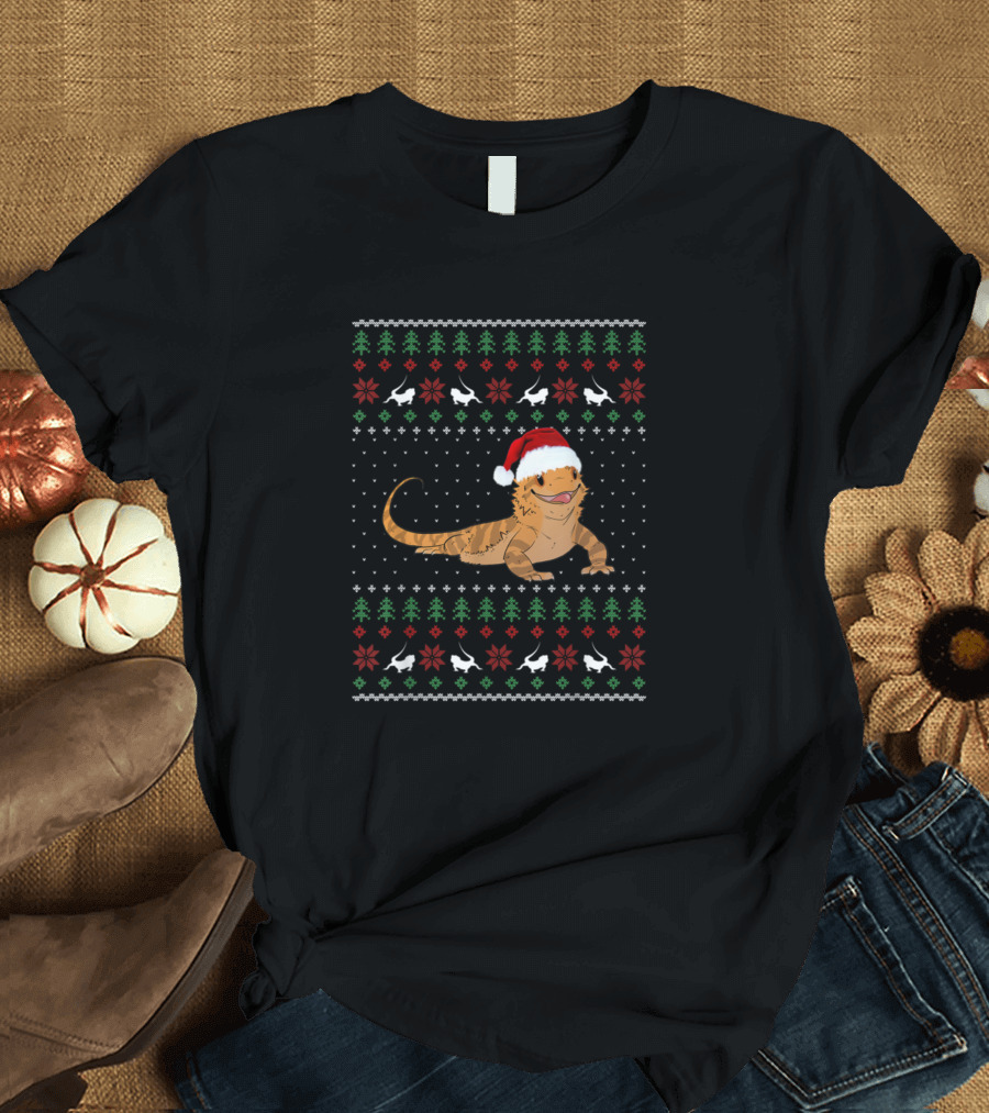 Bearded Dragon Christmas Sweater Santa Hat Holiday Reptile T-Shirt