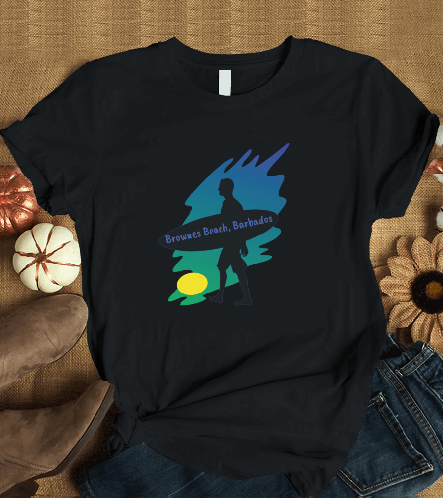 Brownes Beach Barbados Surfer Silhouette with Vibrant Splash Background T-Shirt