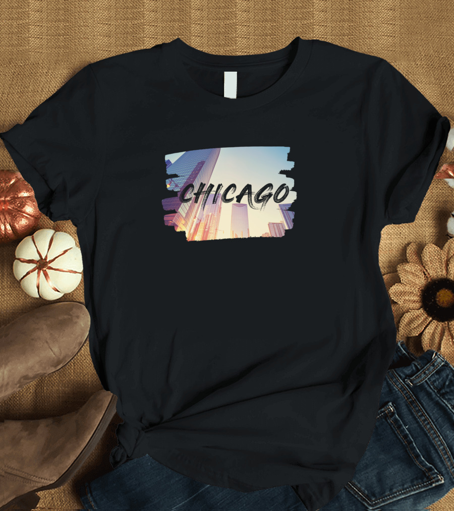Chicago City Skyline Skyscrapers Sunset Urban Scene T-Shirt