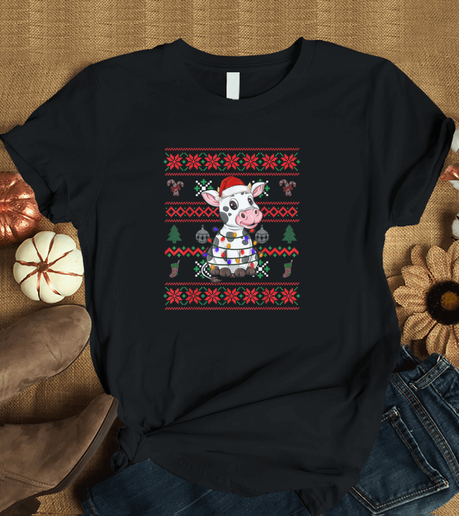 Cow Ugly Christmas Santa Hat Lights Holiday T-Shirt