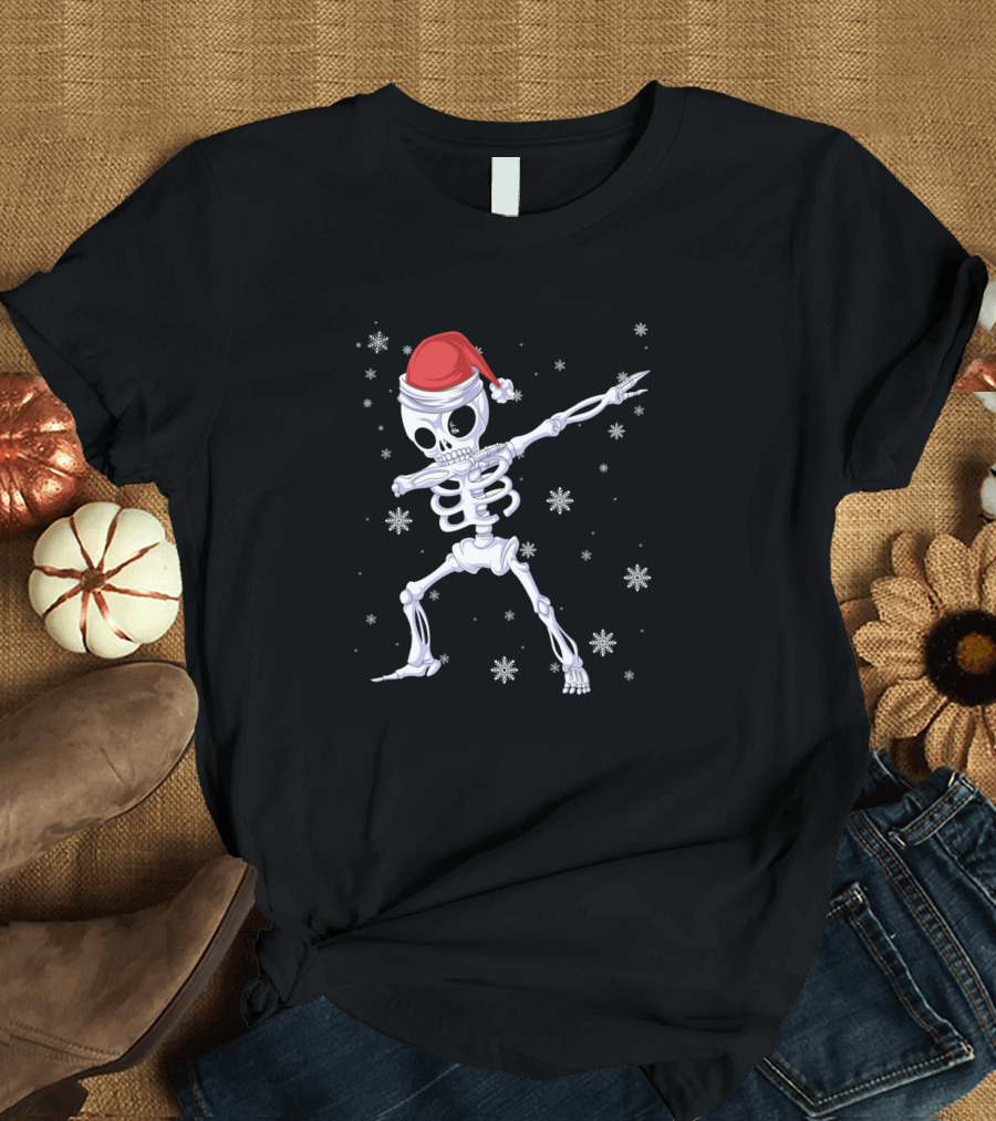 Christmas Dabbing Skeleton with Santa Hat and Snowflakes T-Shirt