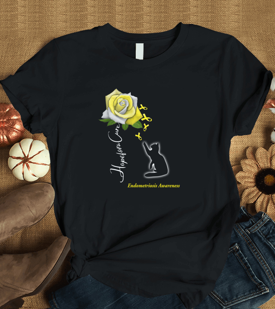 Hope For A Cure Endometriosis Awareness Yellow Ribbon Cat Rose T-Shirt