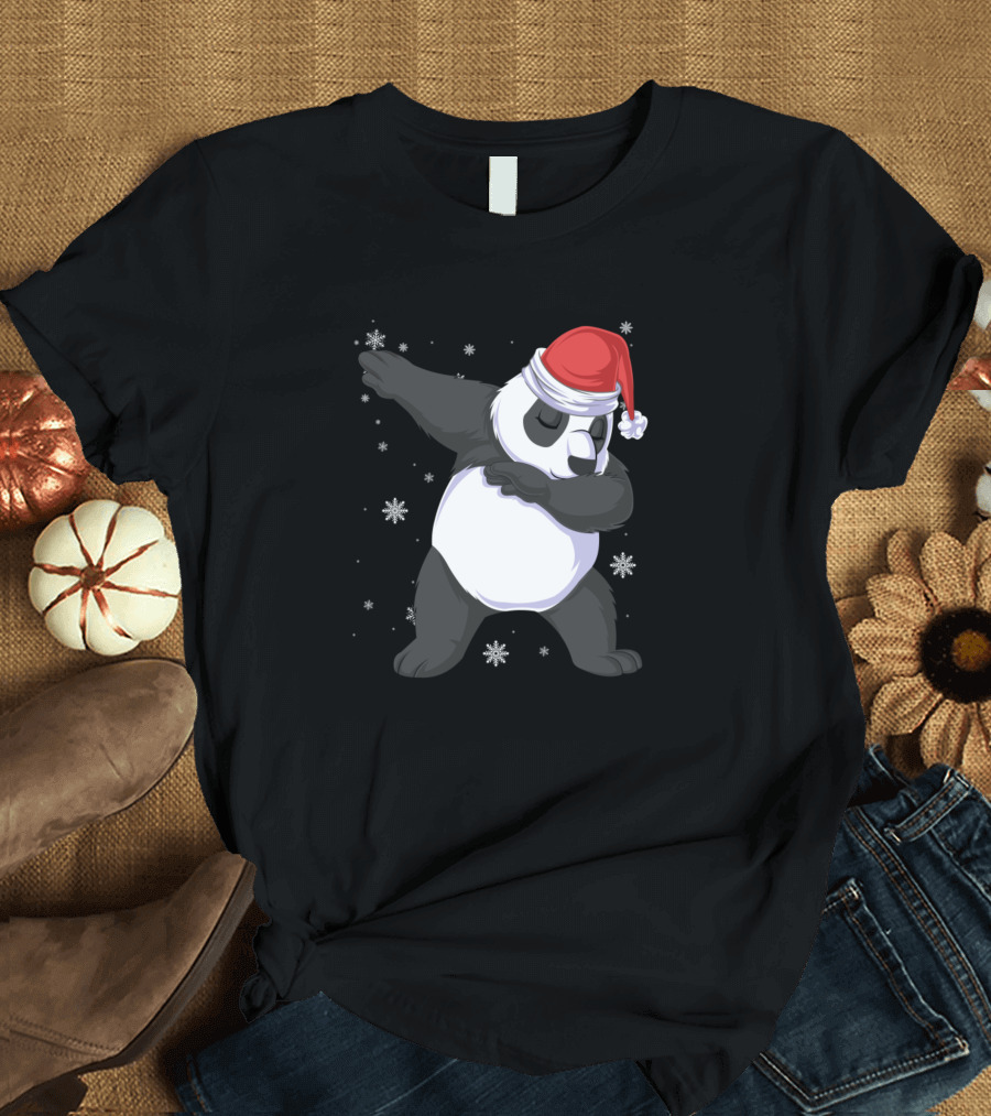 Panda Dabbing Santa Hat Snowflakes T-Shirt