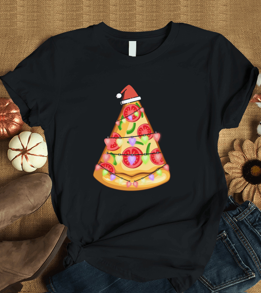 Christmas Pizza Slice Santa Hat String Lights T-Shirt