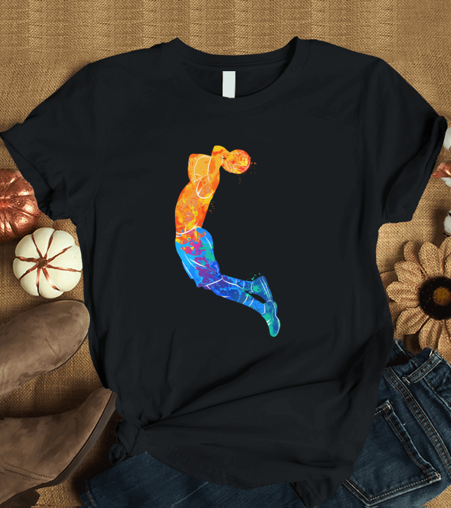 Basketball Dunk Player On Fire Watercolor Painting Athletic Leap T-Shirt