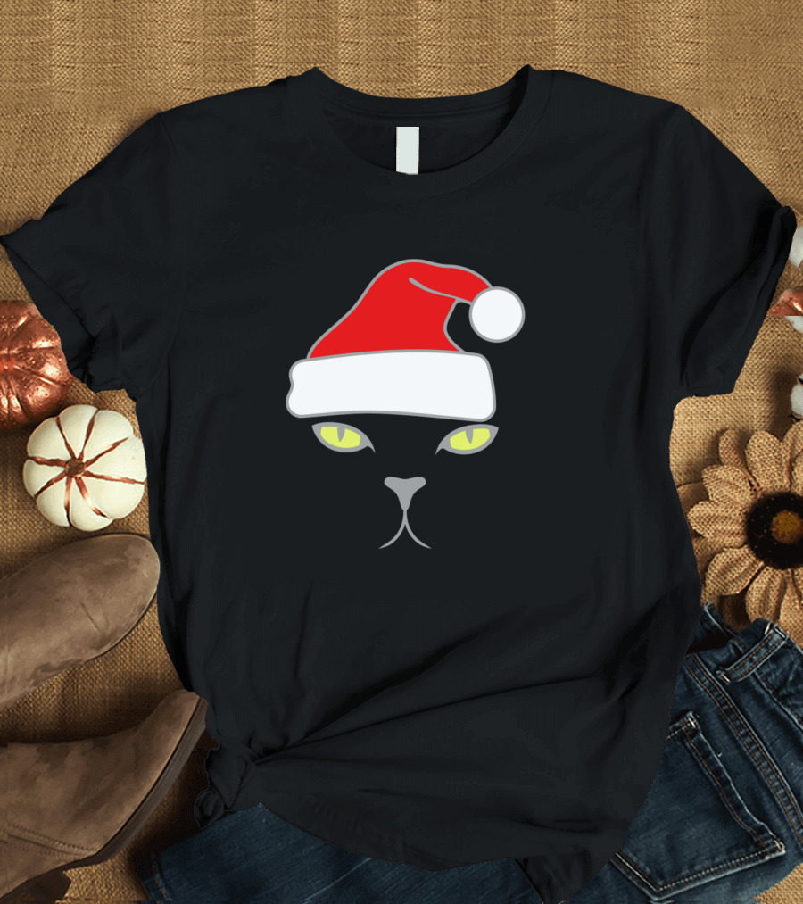 Black Cat Santa Hat T-Shirt