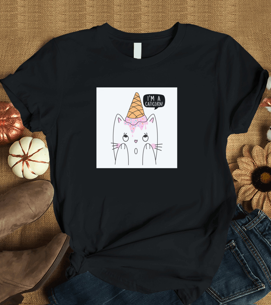 I'm A Caticorn Cute Cat Ice Cream Cone Head Poised Kitty T-Shirt