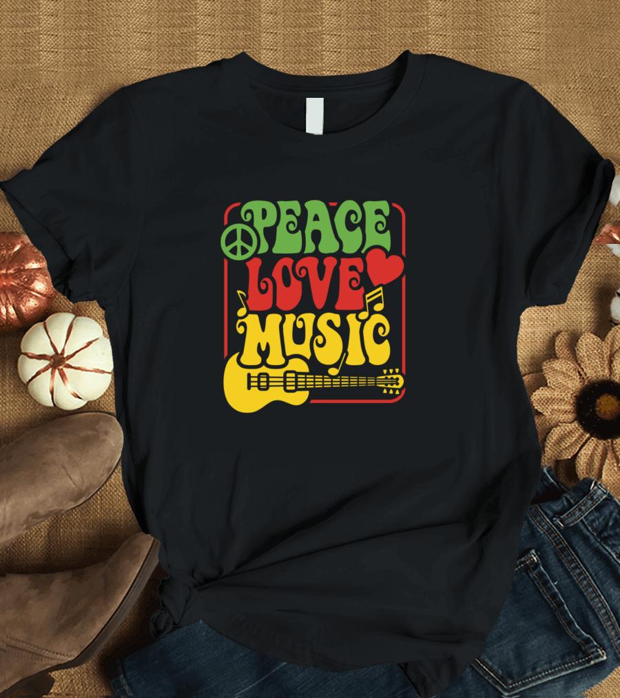 Peace Love Music Peace Symbol Heart Music Notes Guitar T-Shirt