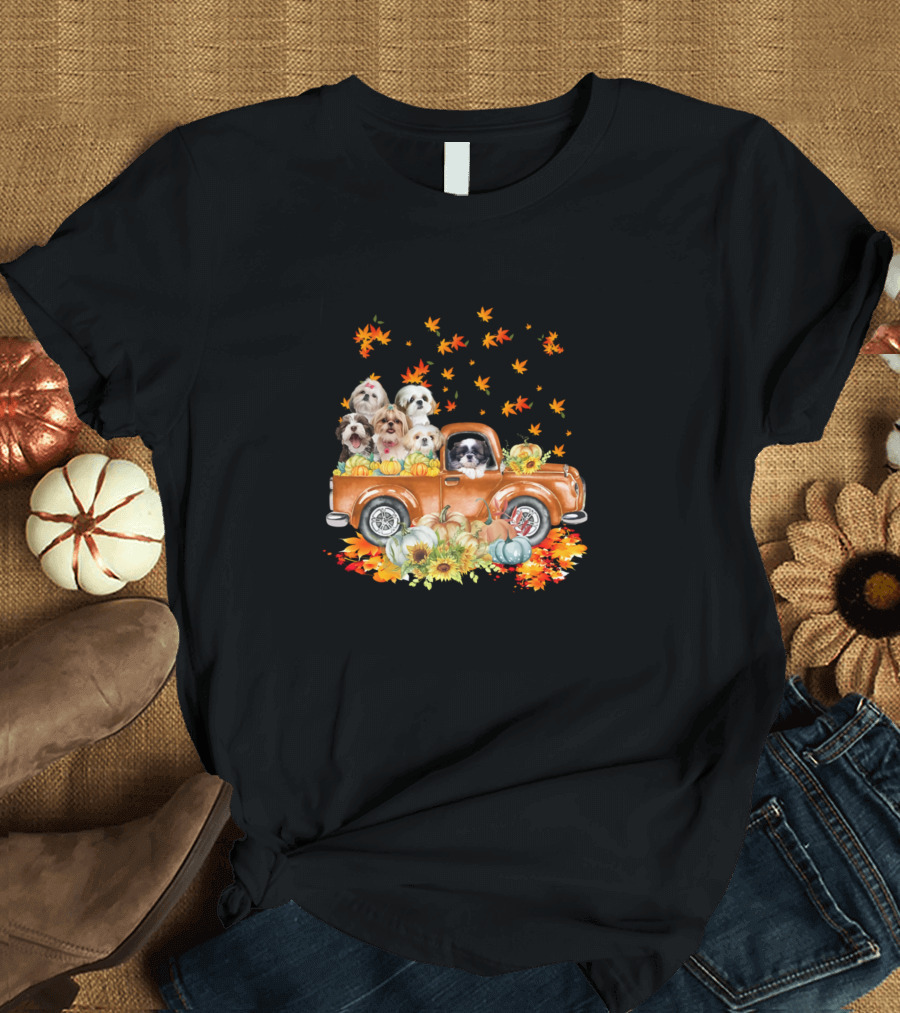 Sunflower Pumpkin Leaf Fall Funny Shih Tzu Truck T-Shirt