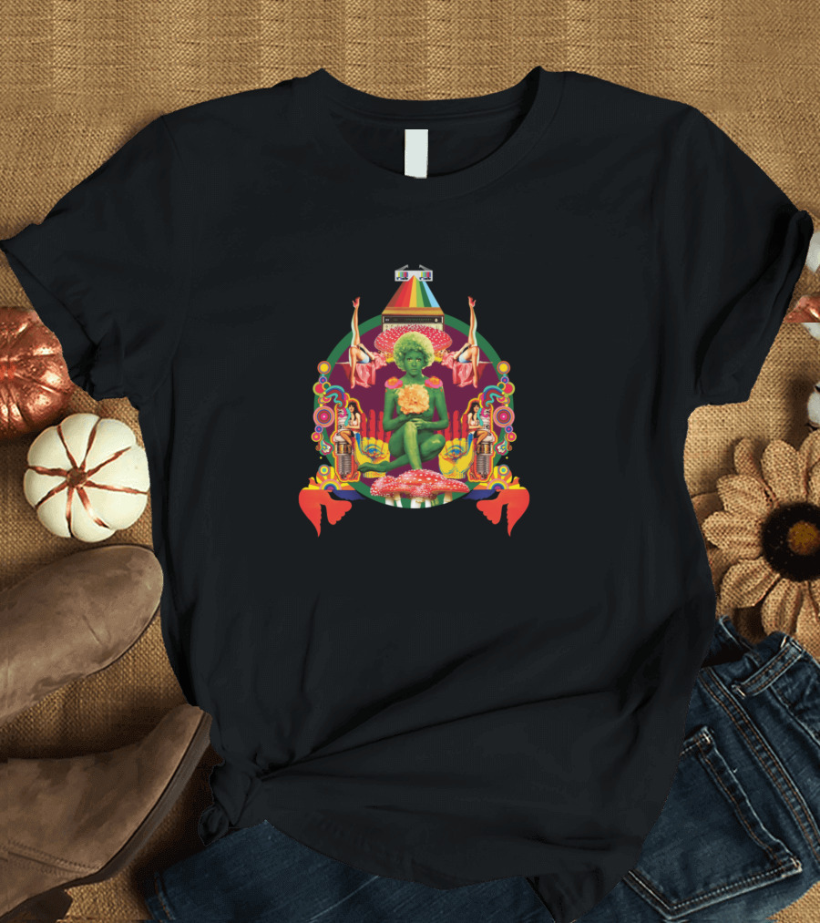 Psychedelic Green Goddess Surrounded by Mushrooms and Colorful T-Shirt