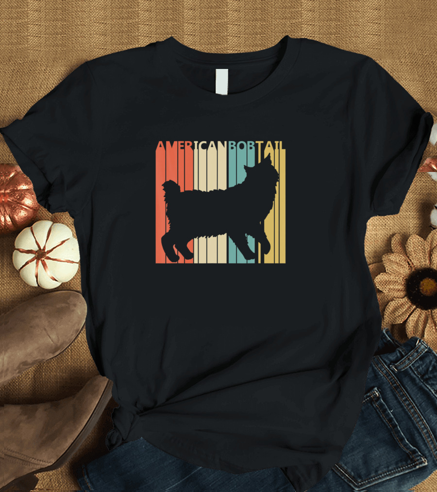Vintage American Bobtail Cat Silhouette Retro Stripes T-Shirt