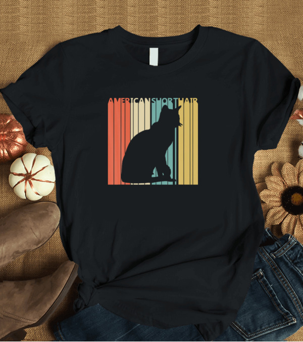 T-Shirt: American Shorthair Vintage Cat Silhouette Retro Stripes T-Shirt American Shorthair Vintage Cat Silhouette Retro Stripes T-Shirt