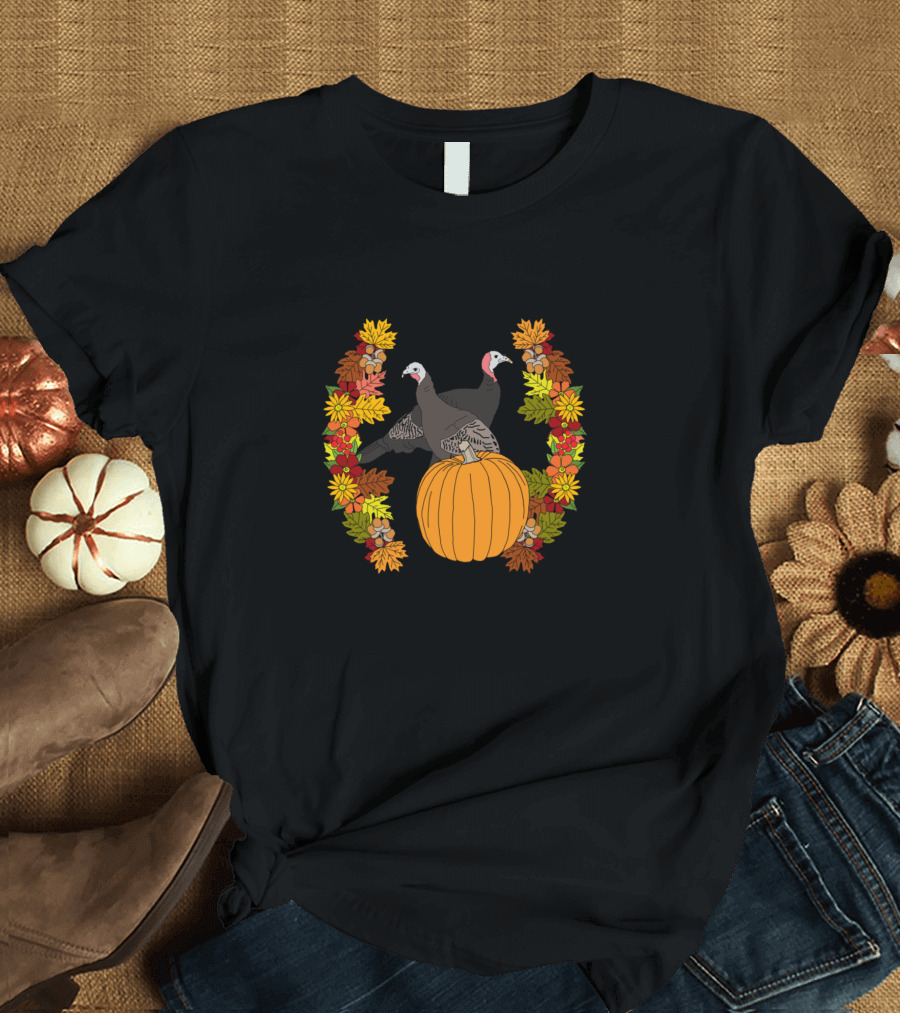 Carve Pumpkins Not Turkeys Thanksgiving Design with Fall Leaves and Two Turkeys T-Shirt