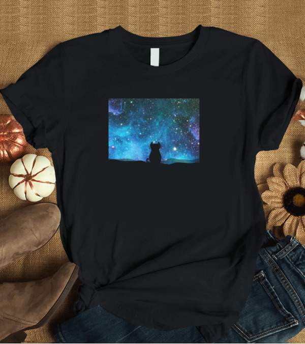 T-Shirt: Cat Silhouette Against Blue Cosmic Starry Sky T-Shirt Cat Silhouette Against Blue Cosmic Starry Sky T-Shirt
