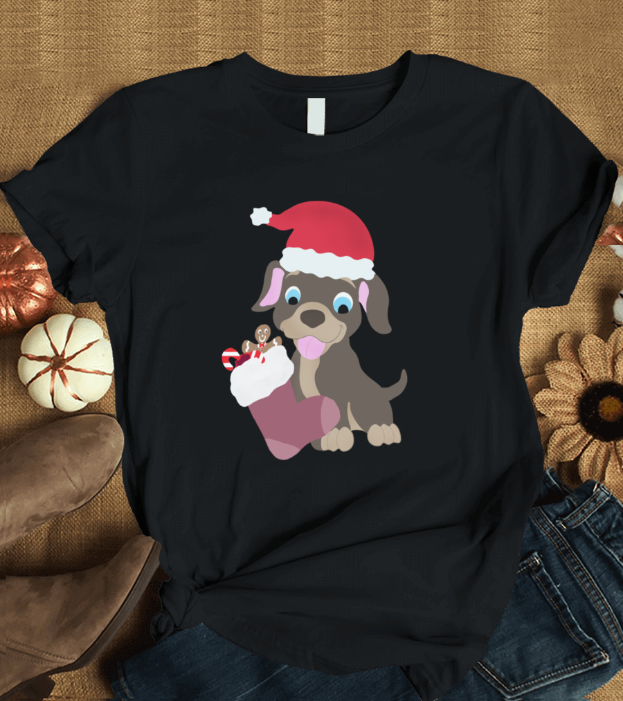 Christmas Puppy with Santa Hat and Stocking Filled with Treats T-Shirt