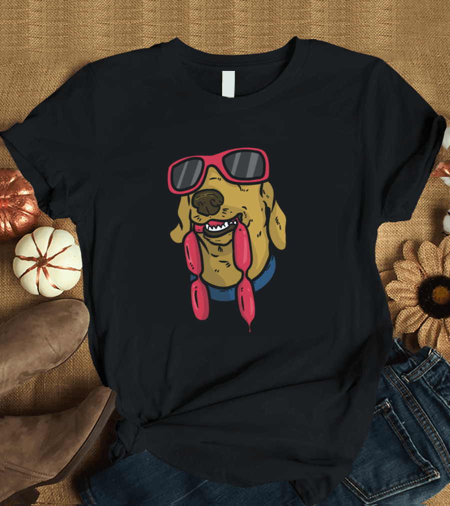 Dog With Sausage Sunglasses Wearing Blue Collar Red Shades T-Shirt