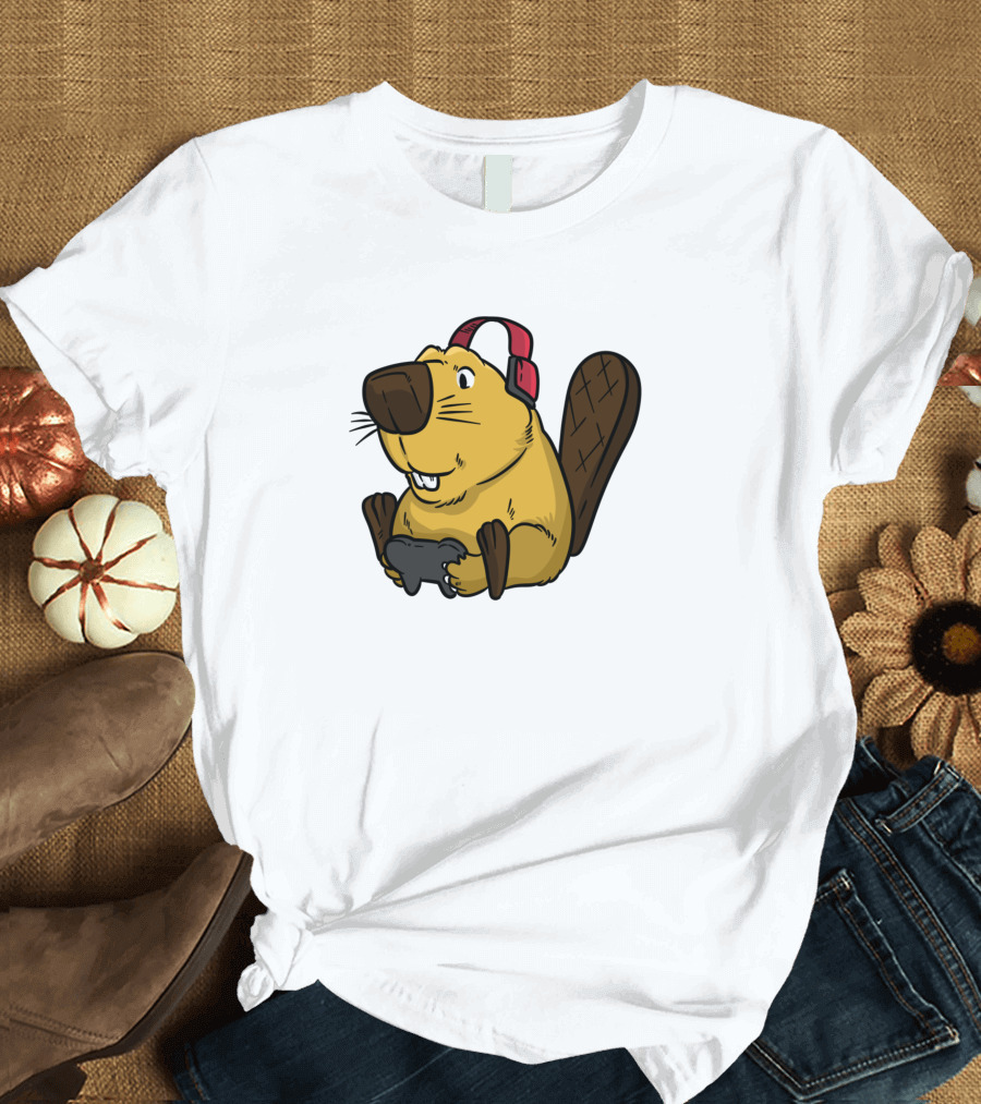 Gaming Beaver Cartoon Character Wearing Red Cap with Controller T-Shirt