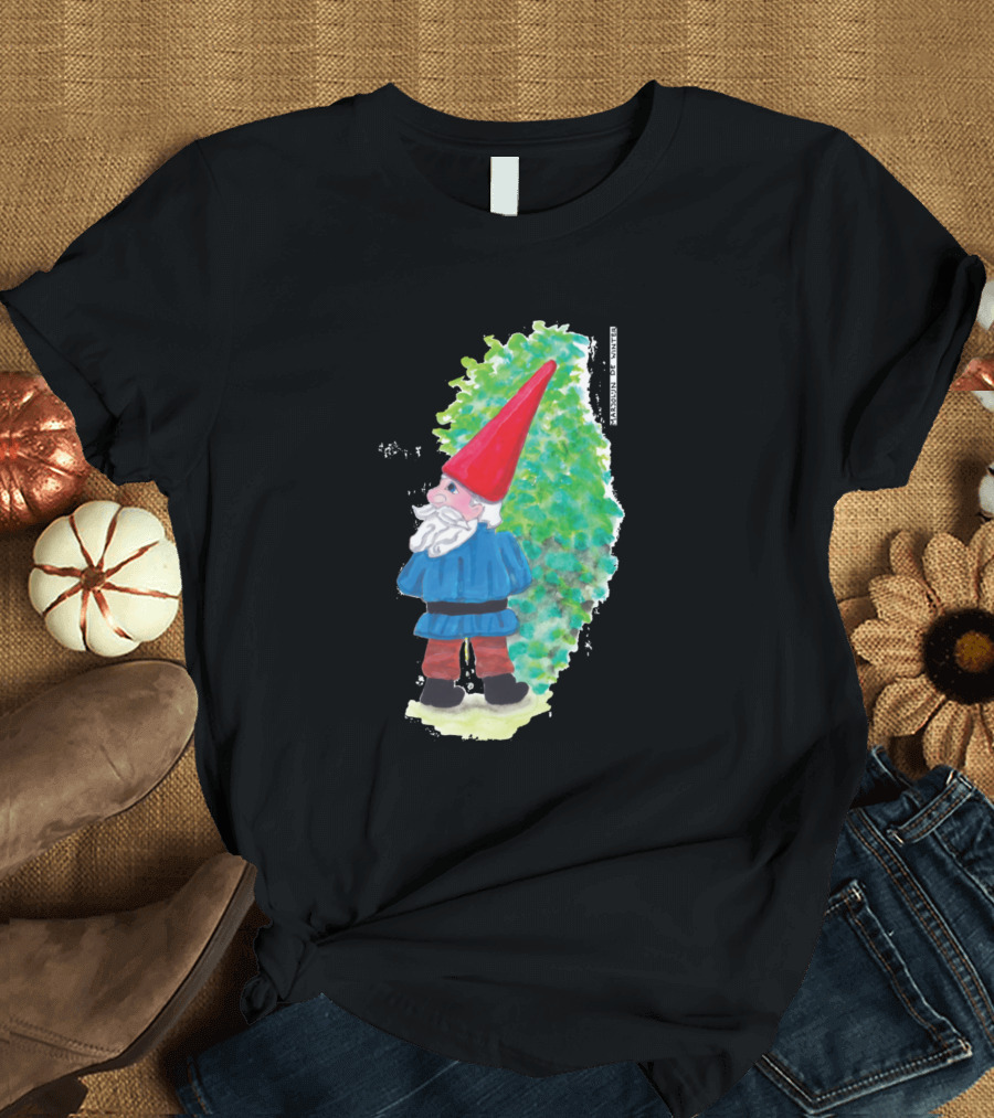 Gnome Hiding Behind Bush in Blue and Red T-Shirt