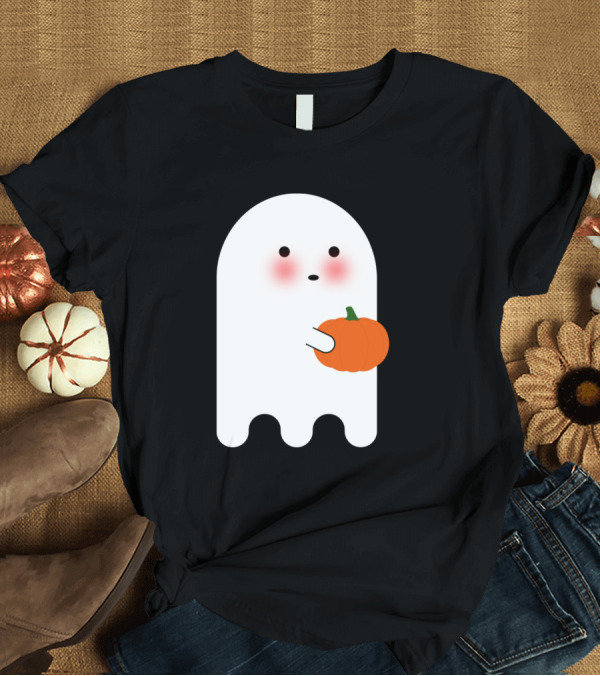 T-Shirt: Cute Ghost Holding Pumpkin T-Shirt Cute Ghost Holding Pumpkin T-Shirt