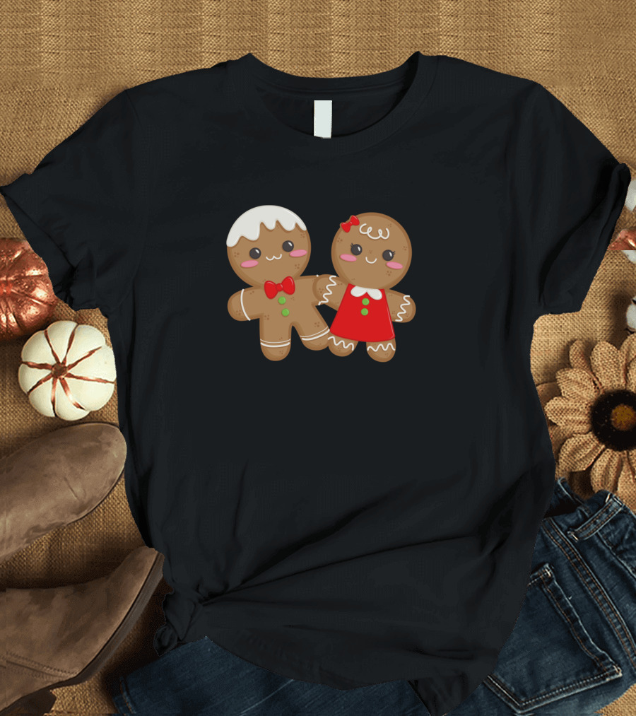 Gingerbread Couple in Festive Red Bowtie and Dress with Icing Details T-Shirt