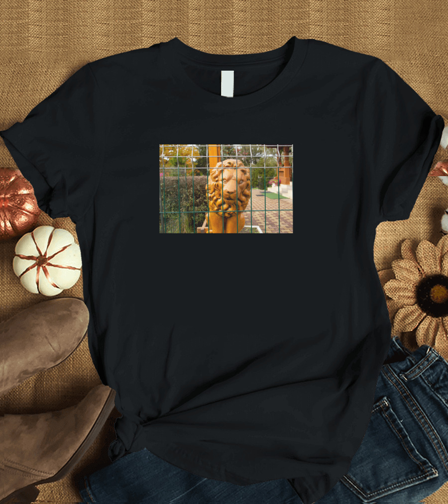 Lion Sculpture Behind Fence with Wooden Texture After Rain T-Shirt
