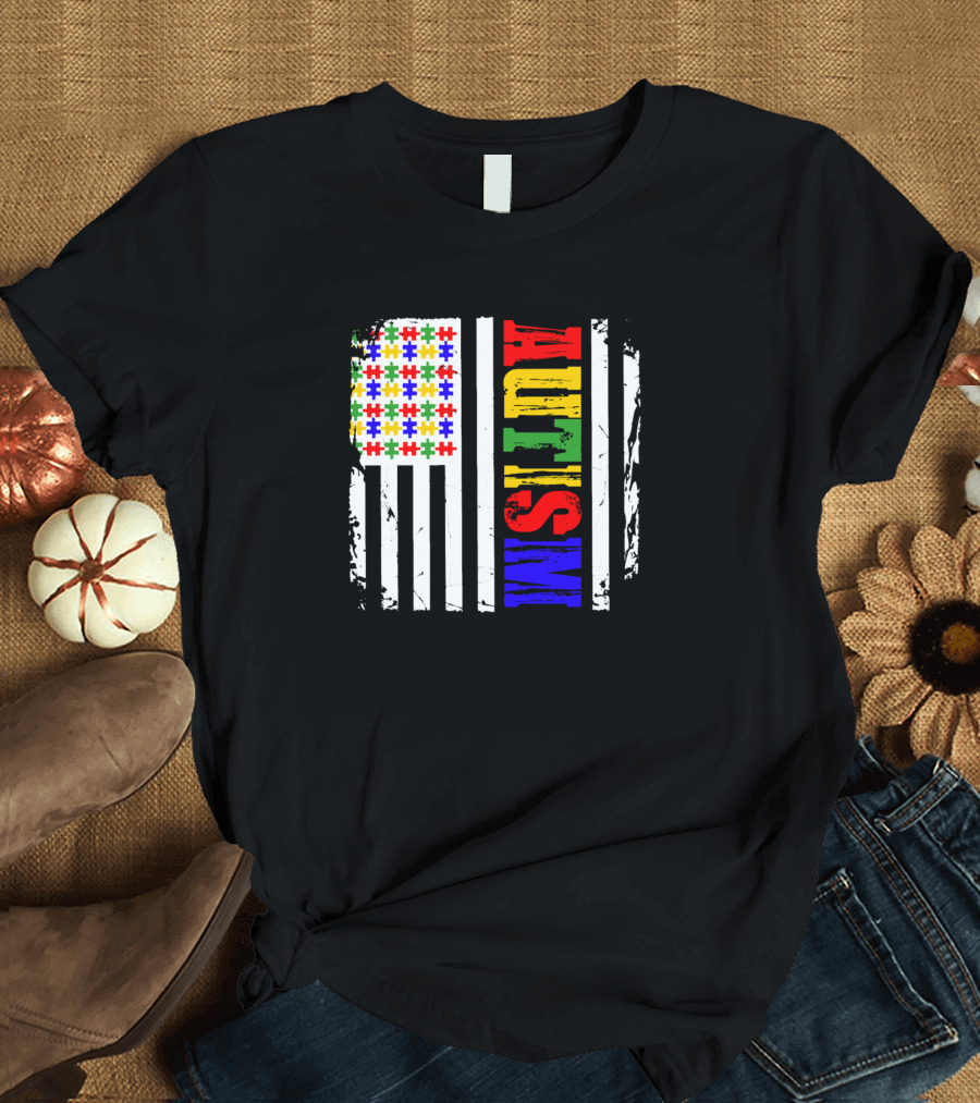 Autism Awareness Flag with Colorful Puzzle Pieces and Stripes T-Shirt