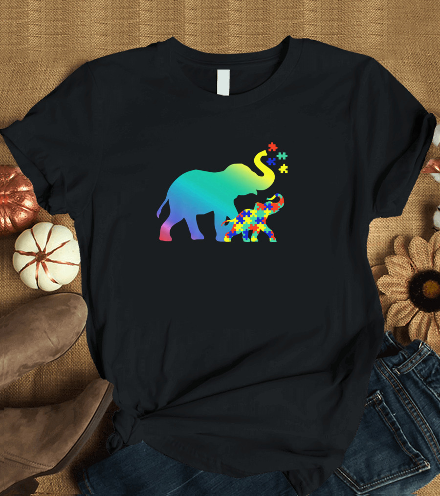 Autism Mom Autism Awareness Colorful Puzzle Piece Elephant T-Shirt