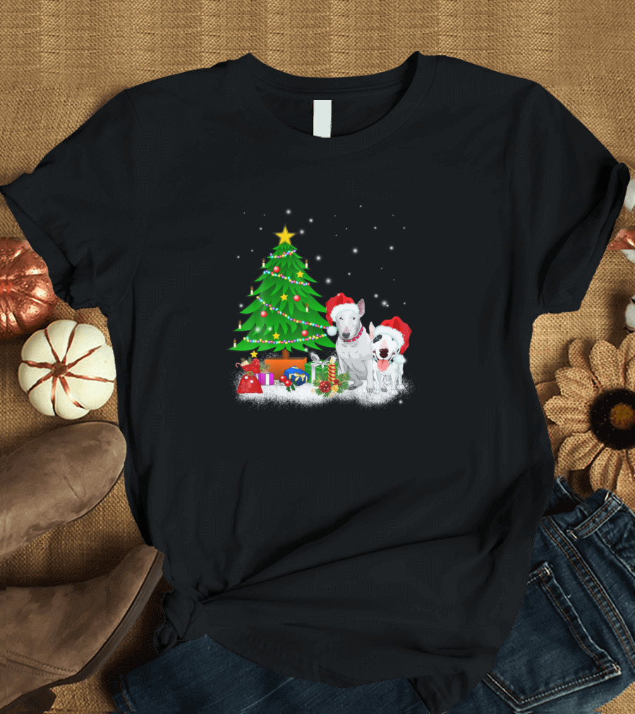 Bull Terrier Christmas Tree with Santa Hats and Presents T-Shirt
